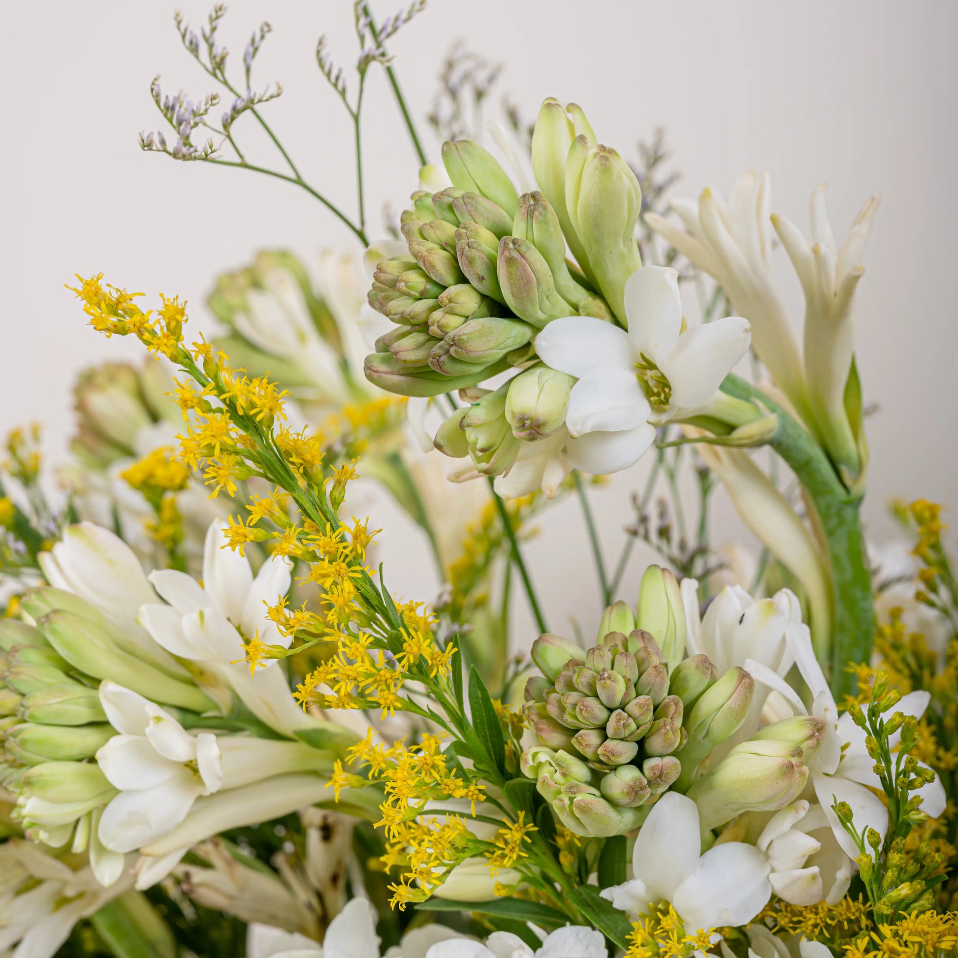 Alabaster premium white floral arrangement with white roses and lilies in elegant glass vase by House of Mograa