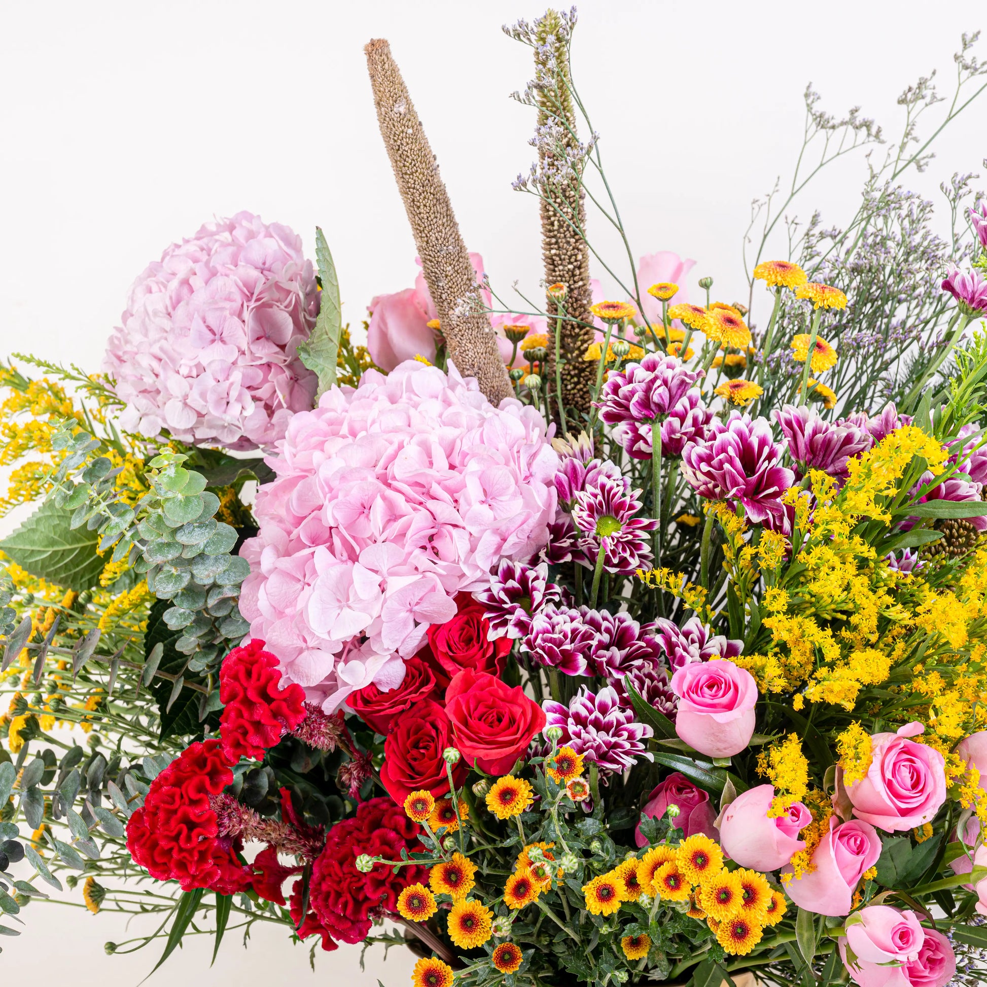 Blush and Flame red and pink floral arrangement with red roses and pink blooms in premium container by House of Mograa