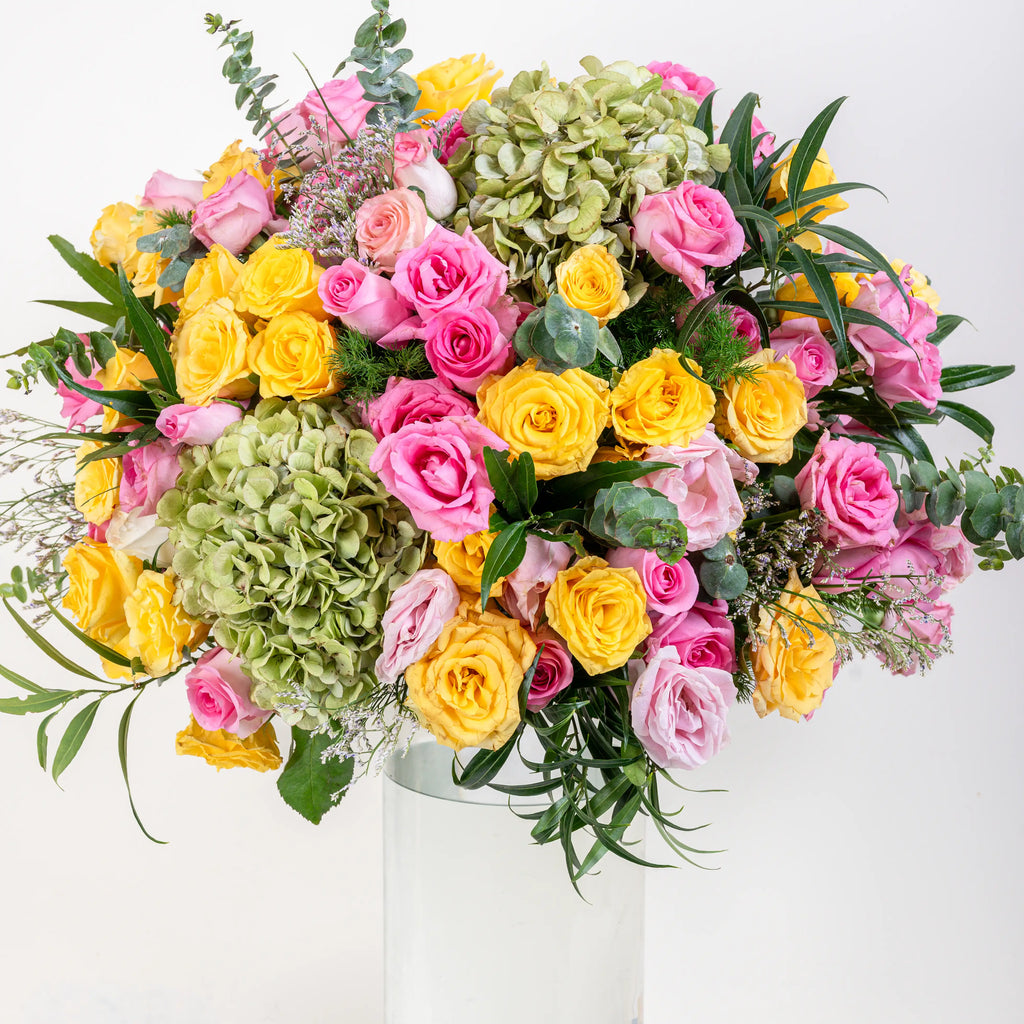 Rosé Pot pink roses arrangement in designer ceramic pot with branded ribbon by House of Mograa